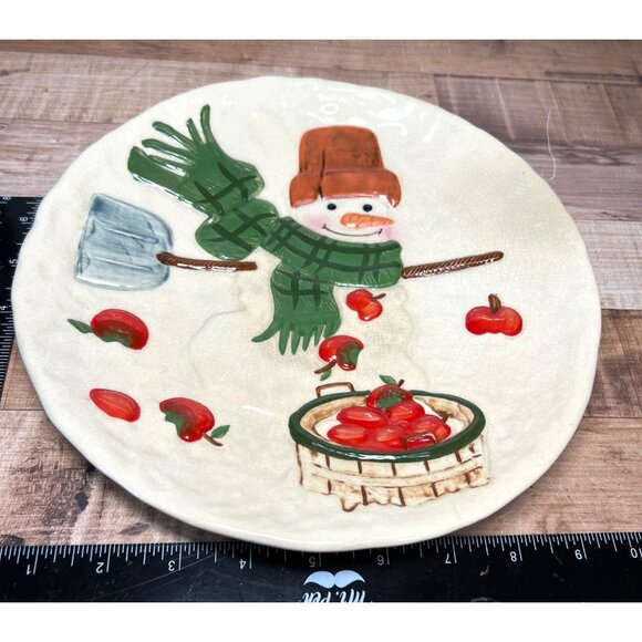 VINTAGE HALLMARK MITFORD MAX SNOWMAN Apples Christmas HOLIDAY CERAMIC PLATE - Picture 5 of 5